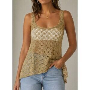 Anthropologie Papier Gold Lace Tank Top Metallic Gold Crochet Lace Boho Layering